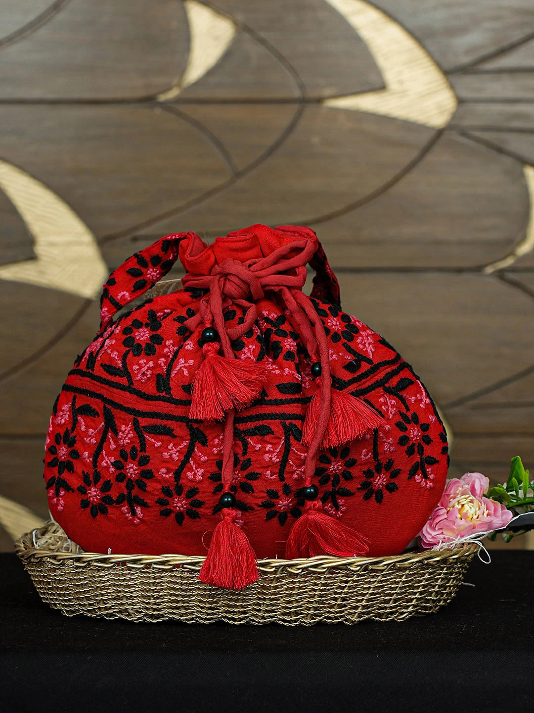 Ada Hand Embroidered Red Cotton Lucknowi Chikankari Potli Bag 01A923049