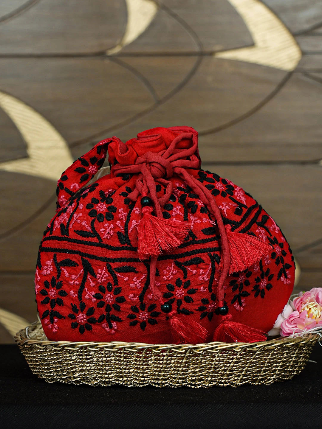 Ada Hand Embroidered Red Cotton Lucknowi Chikankari Potli Bag 01A923049