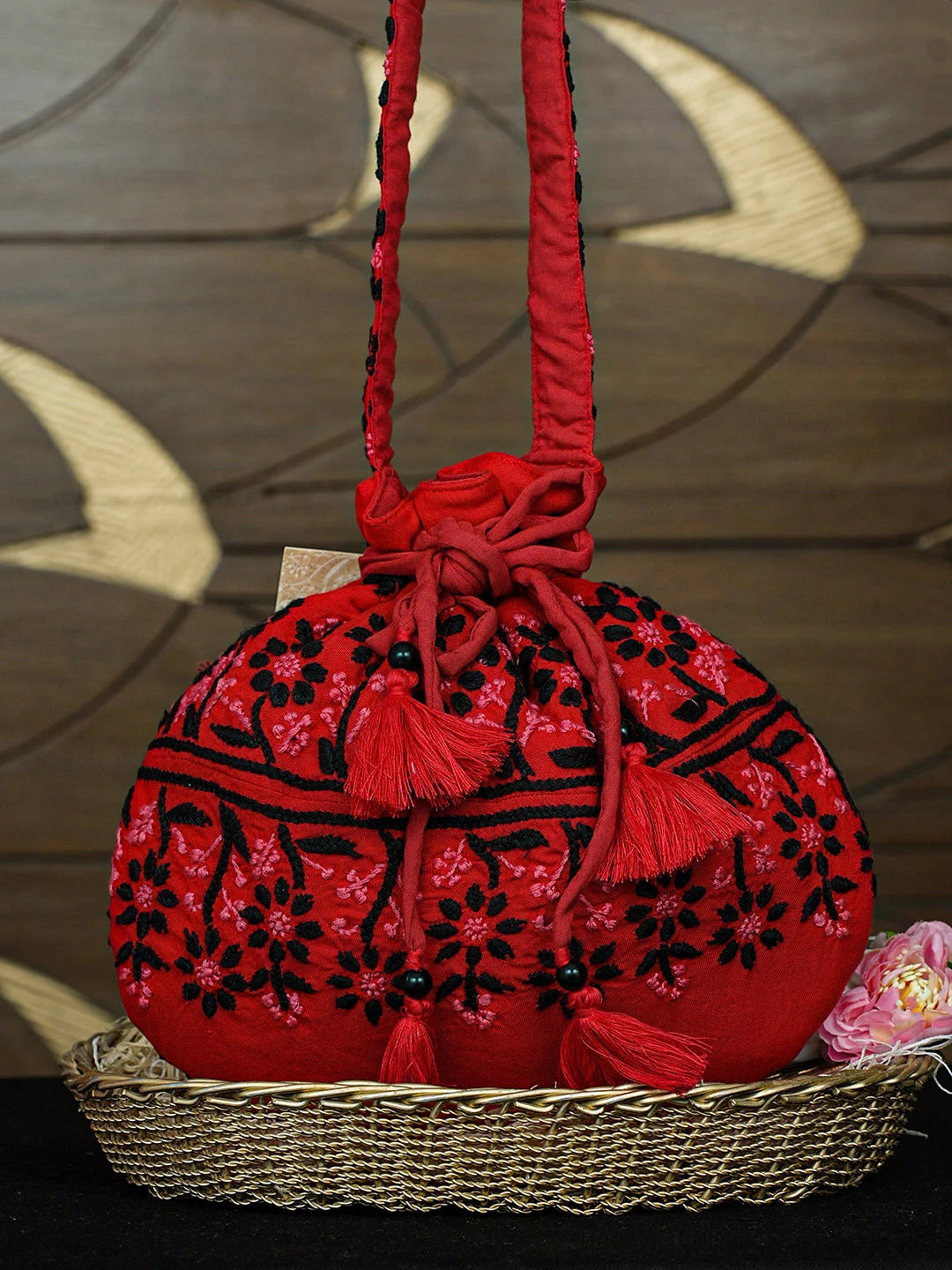 Ada Hand Embroidered Red Cotton Lucknowi Chikankari Potli Bag 01A923049