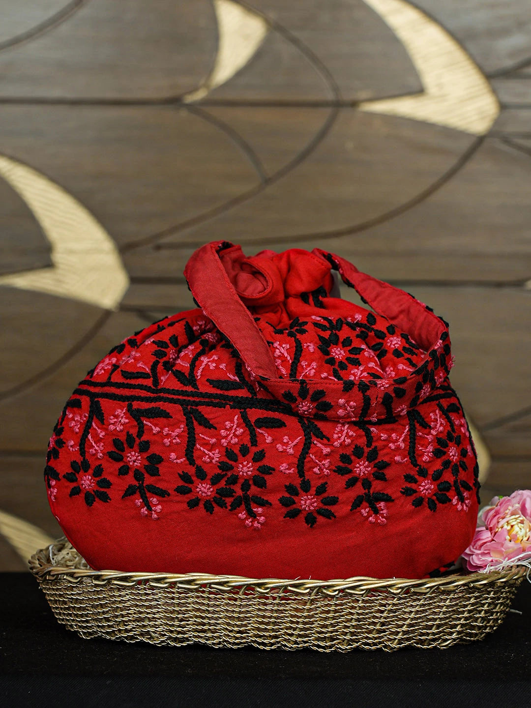 Ada Hand Embroidered Red Cotton Lucknowi Chikankari Potli Bag 01A923049