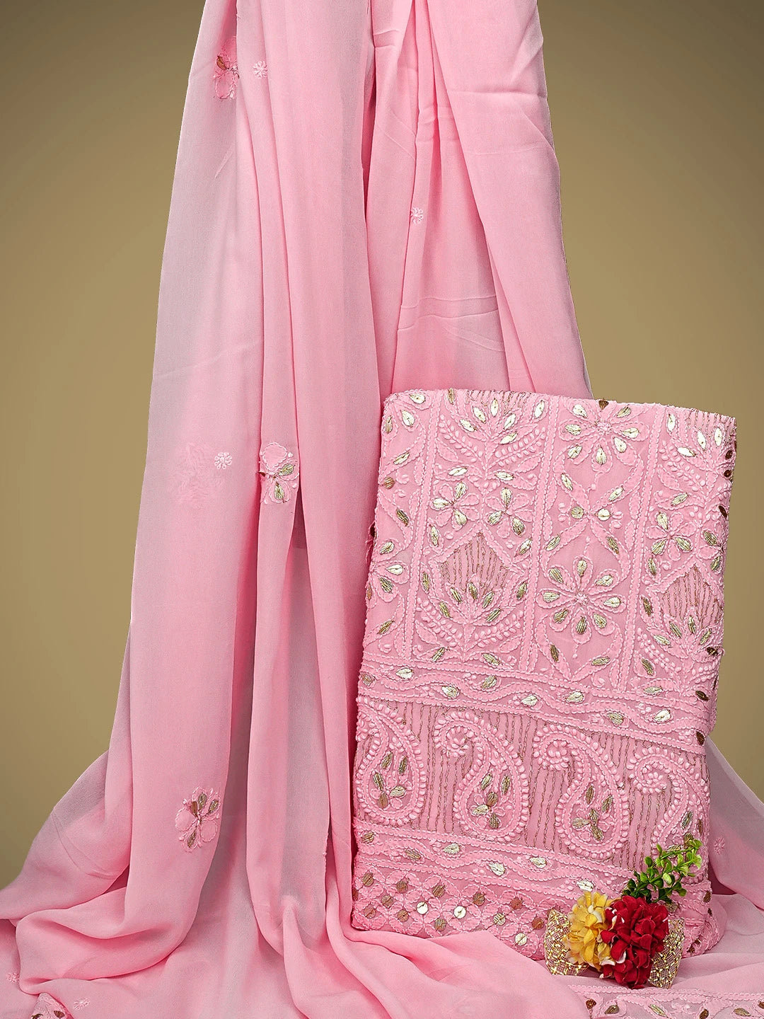 Ada Hand Embroidered Pink Viscose Georgette Lucknowi Chikankari Unstitched Kurta Dupatta Set With Zari Work 01A944706