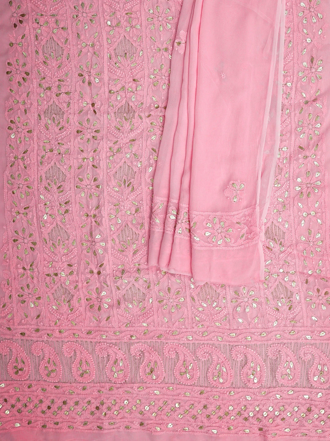 Ada Hand Embroidered Pink Viscose Georgette Lucknowi Chikankari Unstitched Kurta Dupatta Set With Zari Work 01A944706