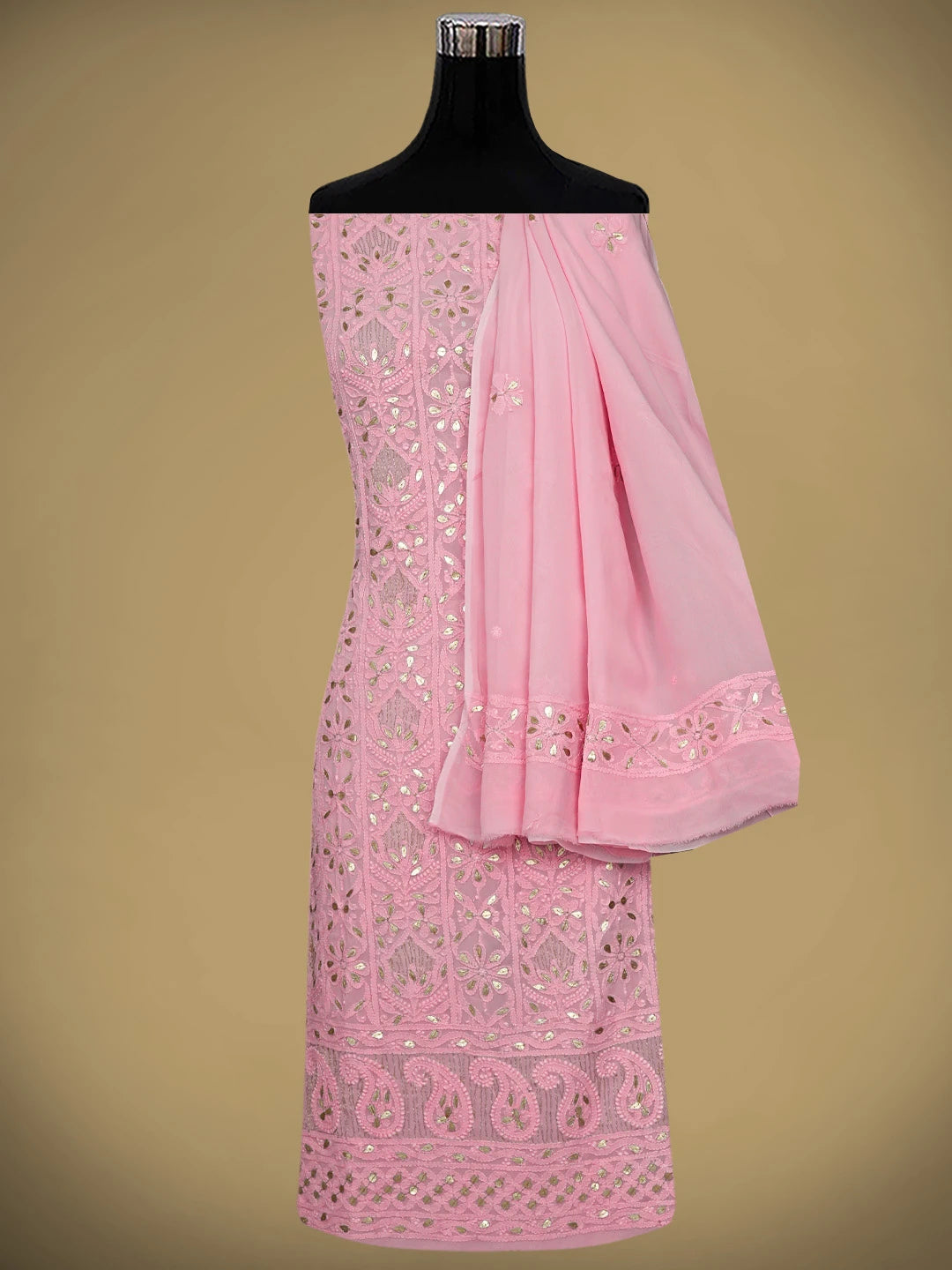 Ada Hand Embroidered Pink Viscose Georgette Lucknowi Chikankari Unstitched Kurta Dupatta Set With Zari Work 01A944706