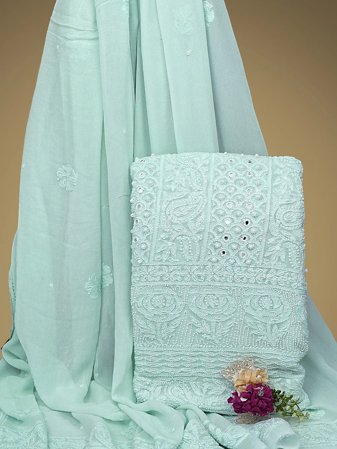 Ada Hand Embroidered Ice Blue Viscose Georgette Lucknowi Chikankari Unstitched Kurta Dupatta Set With Pearl Work 01A808404