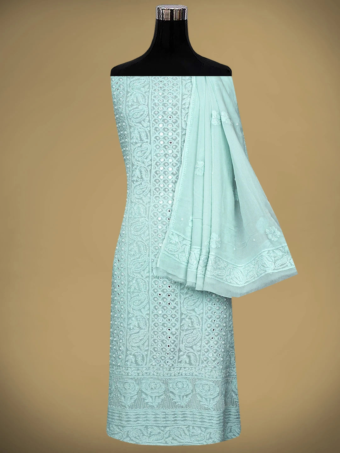 Ada Hand Embroidered Ice Blue Viscose Georgette Lucknowi Chikankari Unstitched Kurta Dupatta Set With Pearl Work 01A808404