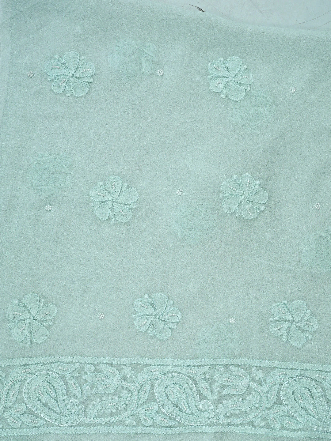 Ada Hand Embroidered Ice Blue Viscose Georgette Lucknowi Chikankari Unstitched Kurta Dupatta Set With Pearl Work 01A808404