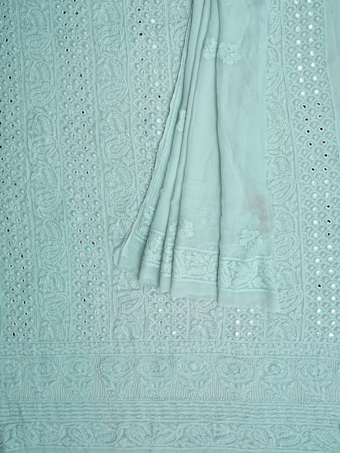 Ada Hand Embroidered Ice Blue Viscose Georgette Lucknowi Chikankari Unstitched Kurta Dupatta Set With Pearl Work 01A808404