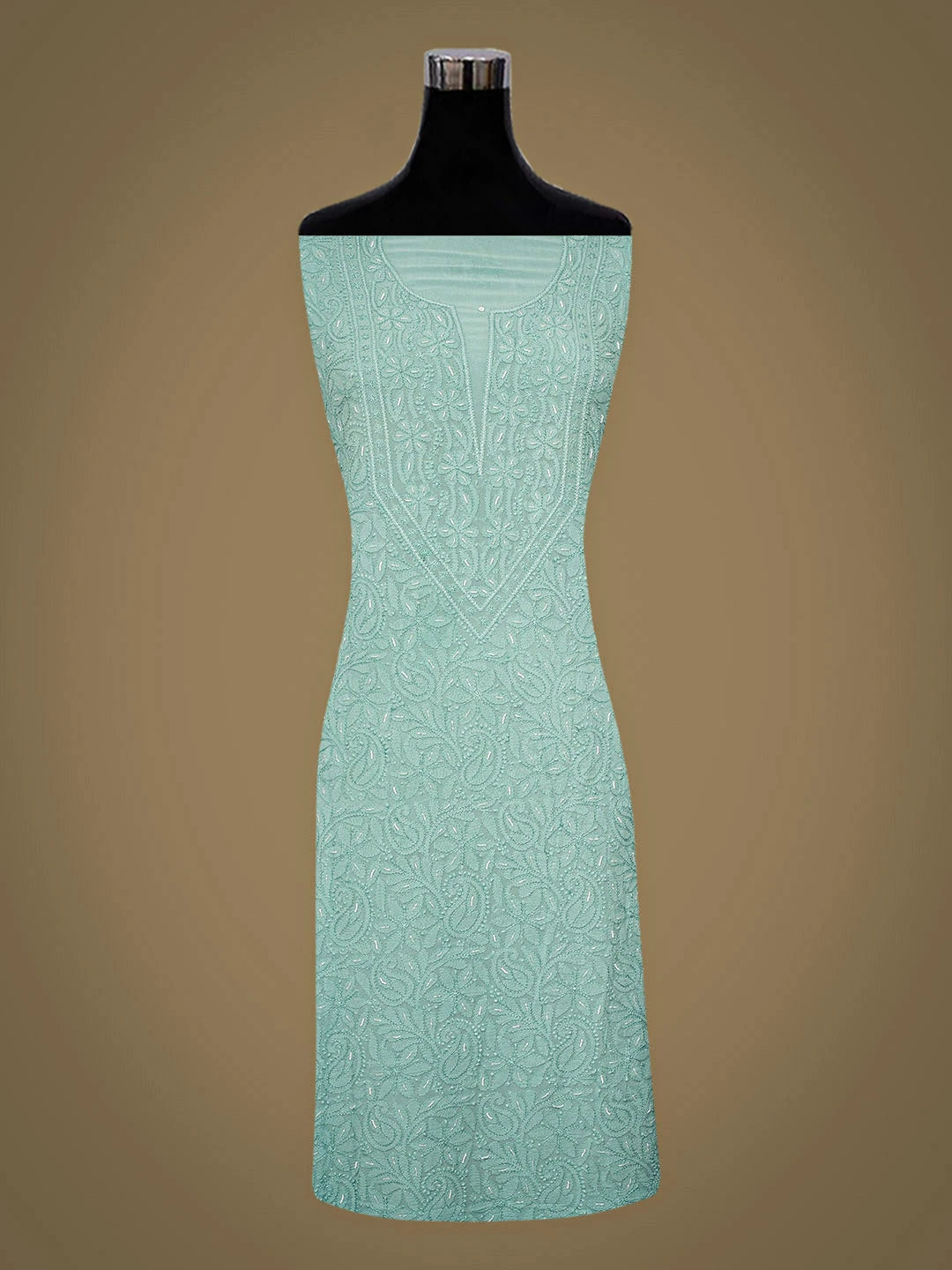 Ada Hand Embroidere Sea Green Viscose Georgette Lucknowi Chikankari Unstitched Kurta Dupatta Set With Pearl Work 01A944697