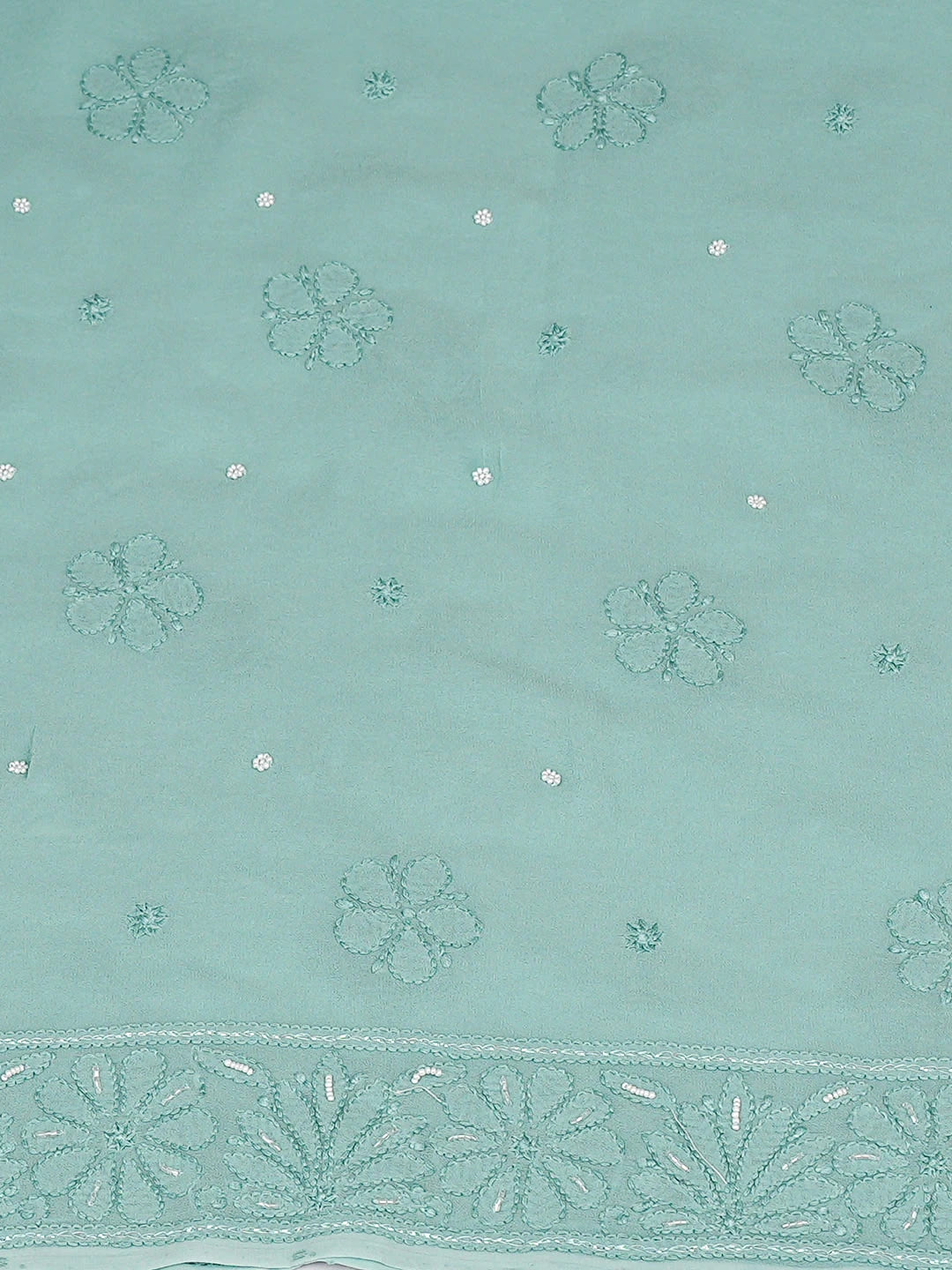 Ada Hand Embroidere Sea Green Viscose Georgette Lucknowi Chikankari Unstitched Kurta Dupatta Set With Pearl Work 01A944697