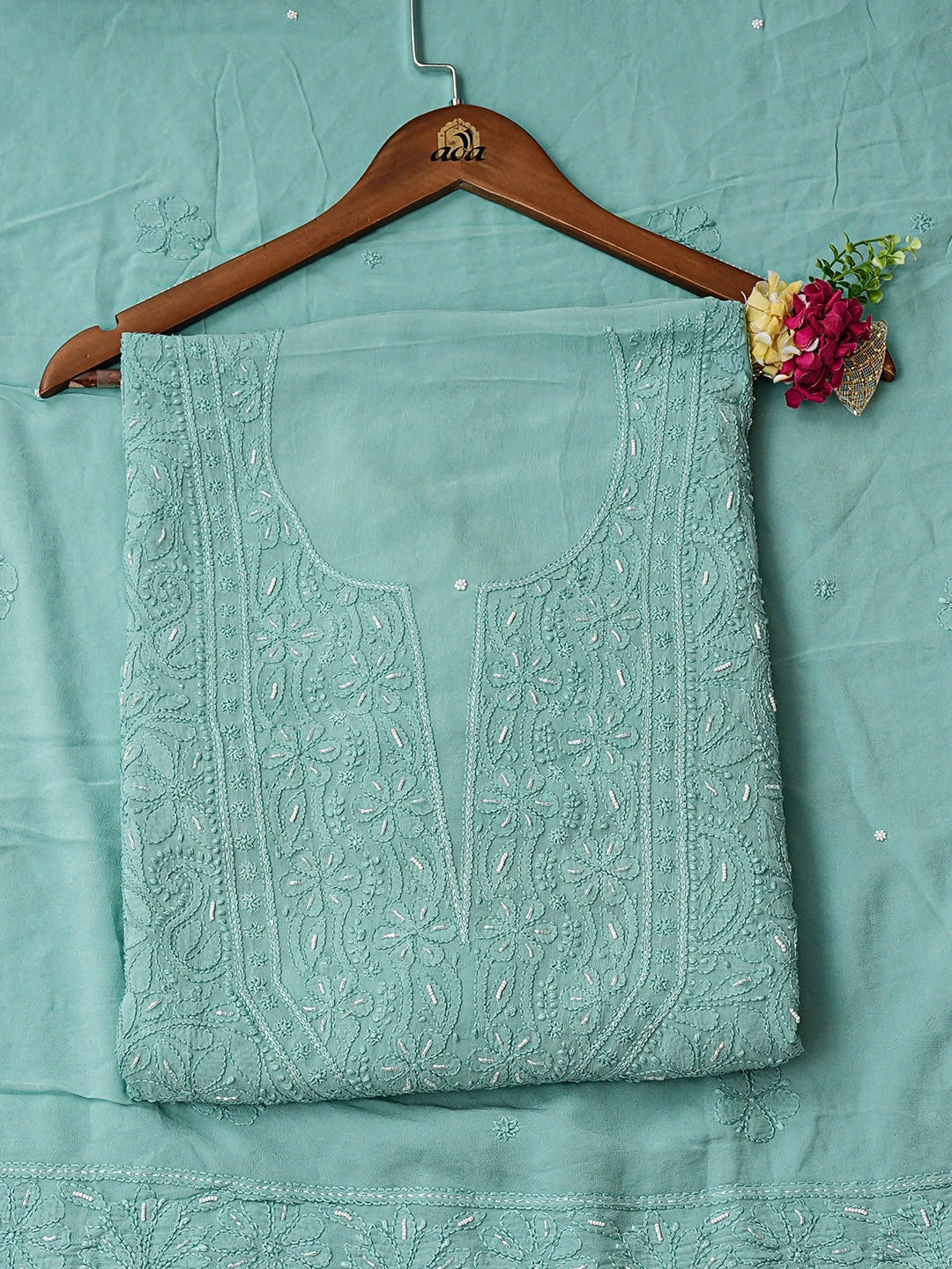 Ada Hand Embroidere Sea Green Viscose Georgette Lucknowi Chikankari Unstitched Kurta Dupatta Set With Pearl Work 01A944697