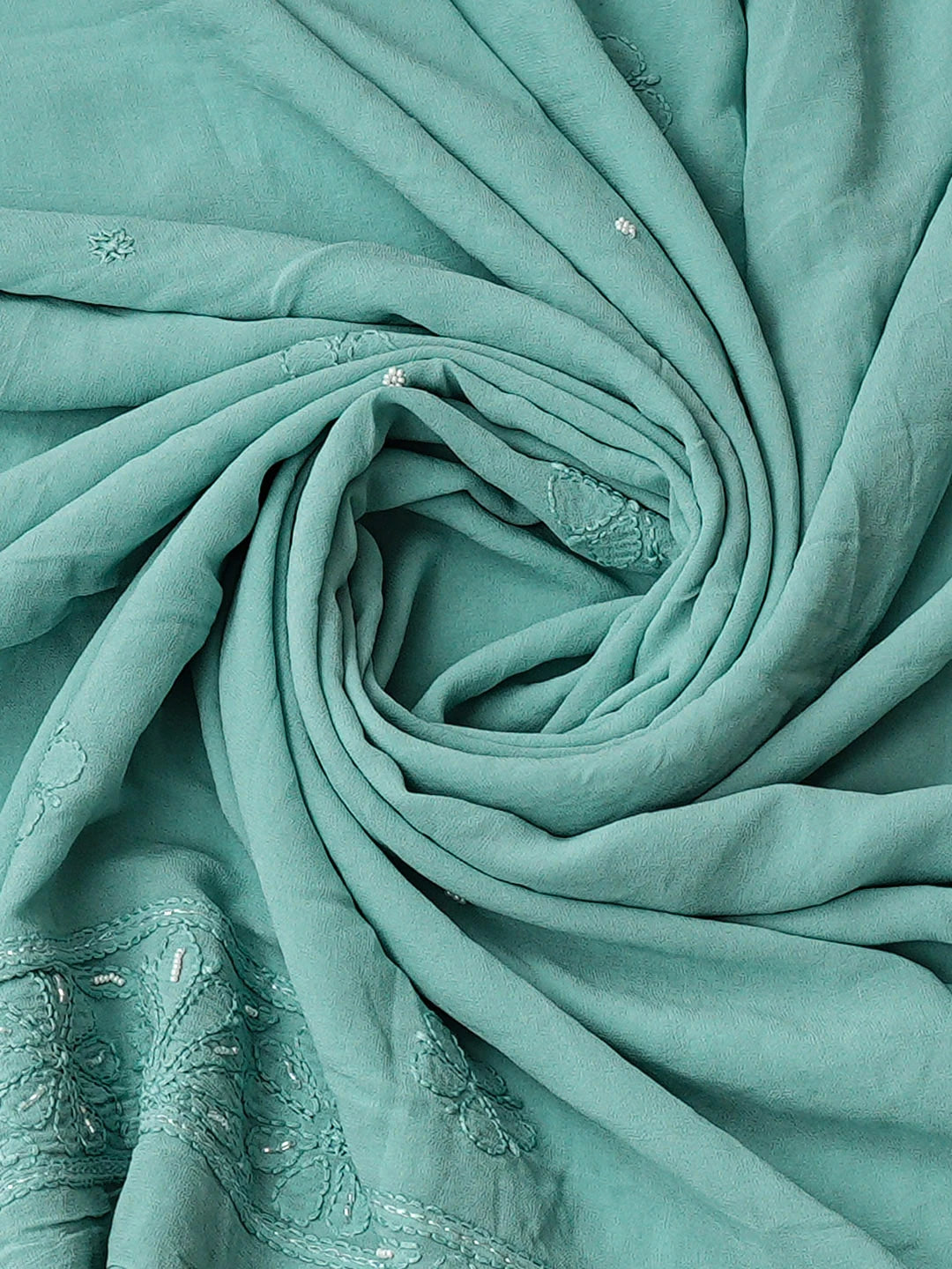 Ada Hand Embroidere Sea Green Viscose Georgette Lucknowi Chikankari Unstitched Kurta Dupatta Set With Pearl Work 01A944697