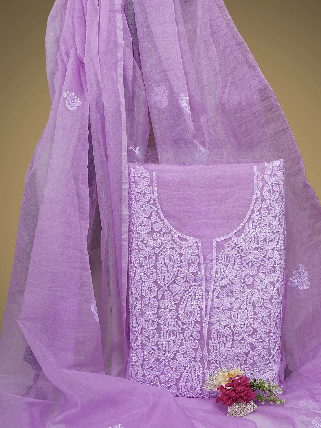 Ada Hand Embroidered Lavender Purple Organza Lucknowi Chikankari Unstitched Kurta Dupatta Set 01A908469