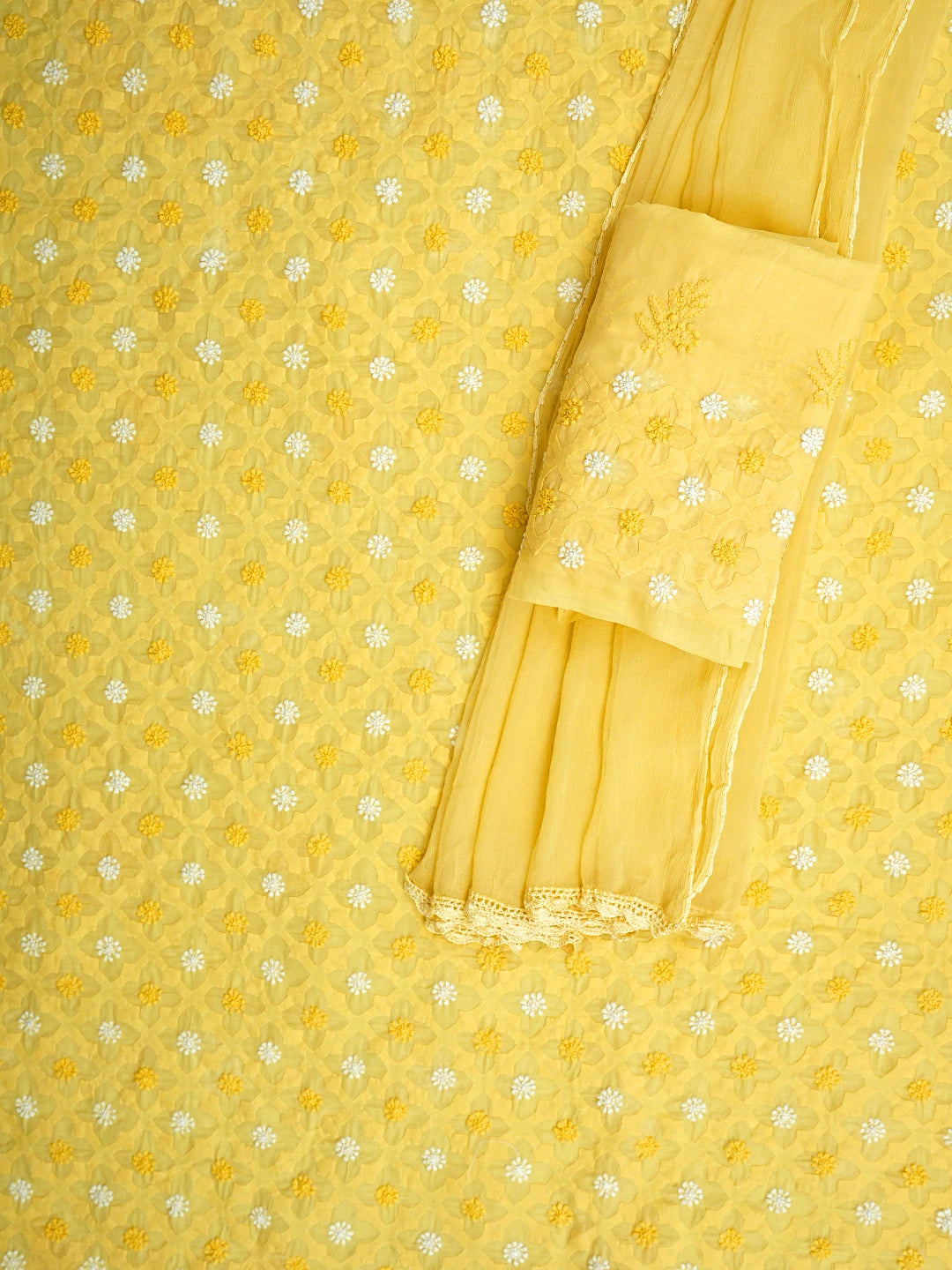 Ada Hand Embroidered Yellow Cotton Lucknowi Chikankari Unstitched Suit Piece 01A954399