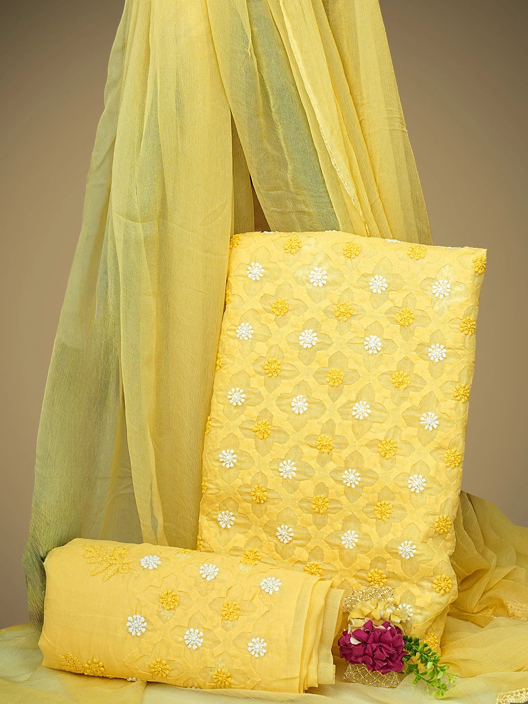 Ada Hand Embroidered Yellow Cotton Lucknowi Chikankari Unstitched Suit Piece 01A954399