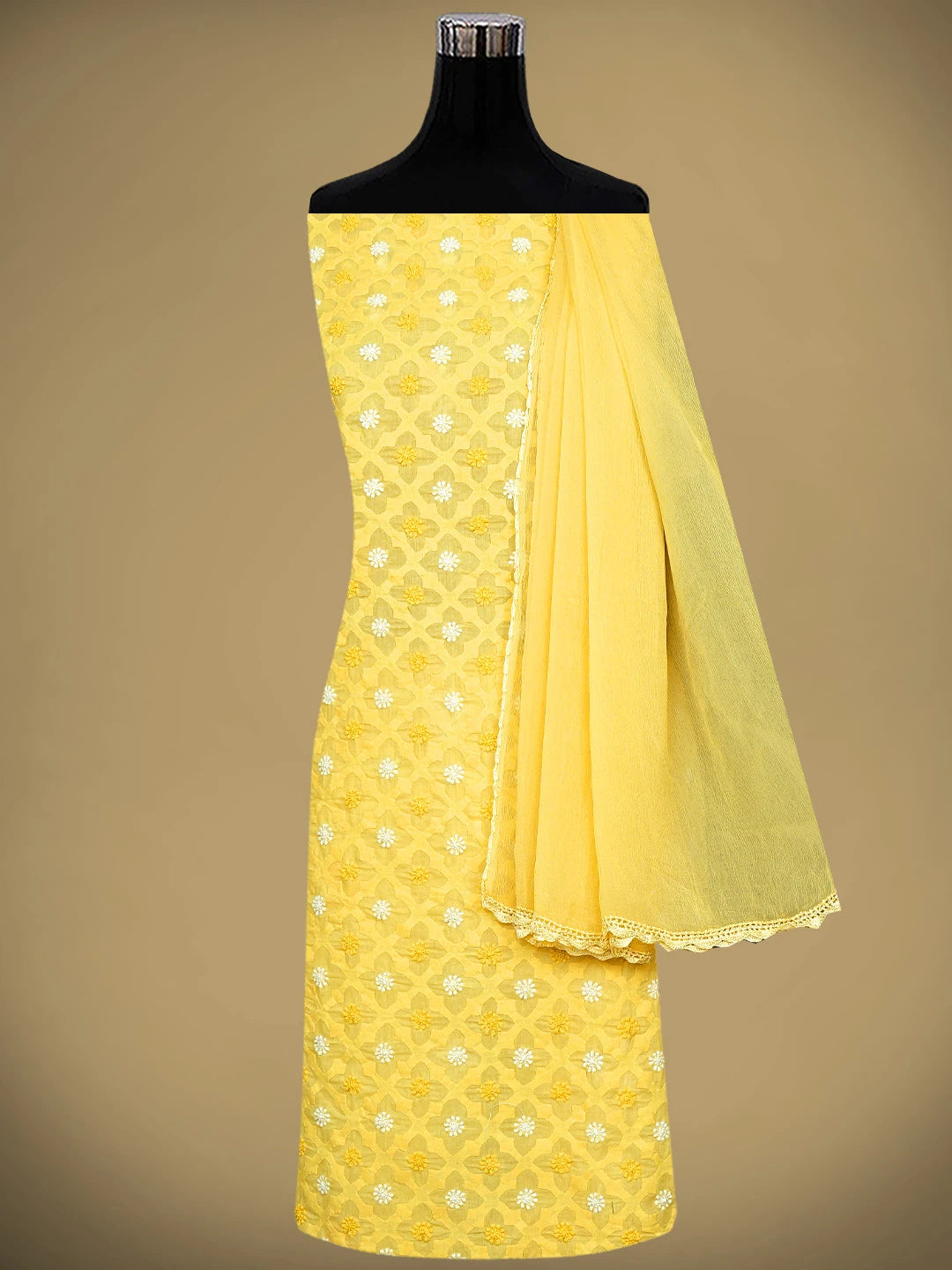 Ada Hand Embroidered Yellow Cotton Lucknowi Chikankari Unstitched Suit Piece 01A954399