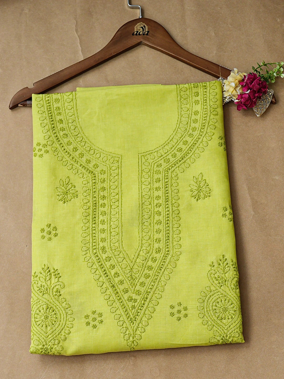 Ada Hand Embroidered Lime Green Cotton Lucknowi Chikankari Unstitched Kurta 01A917902