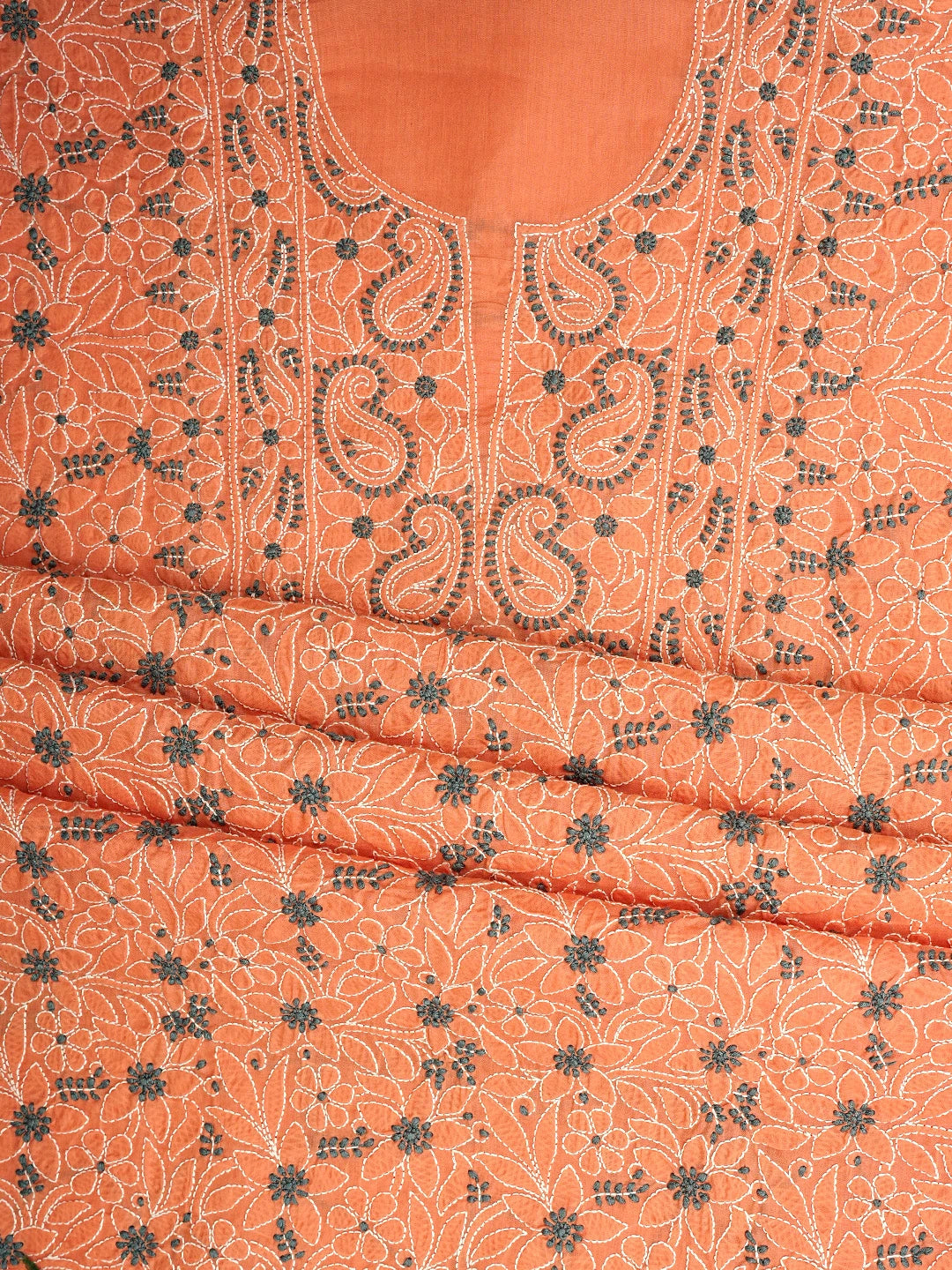 Ada Hand Embroidered Peach Orange Cotton Lucknowi Chikankari Unstitched Suit Piece 01A821100