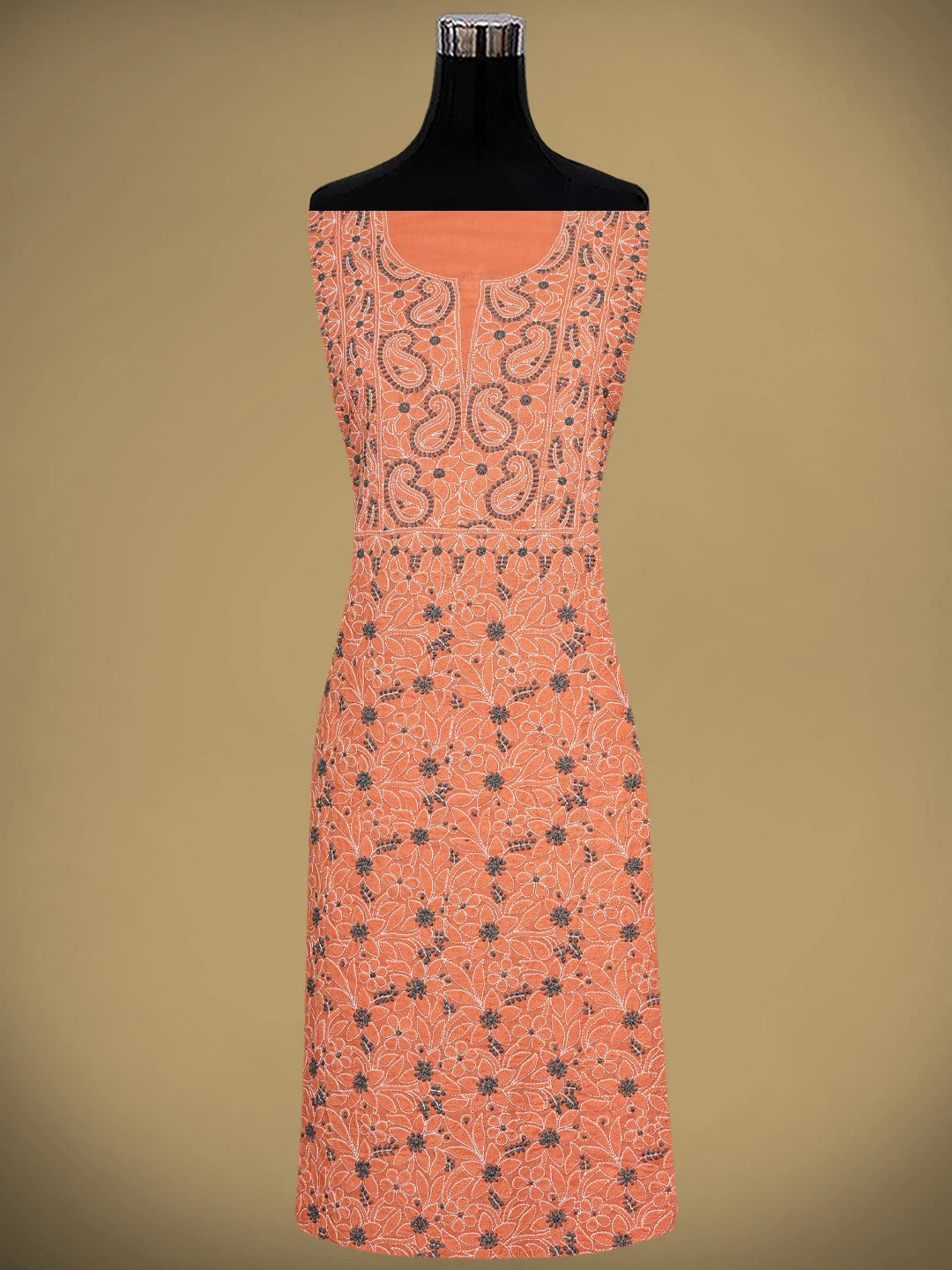Ada Hand Embroidered Peach Orange Cotton Lucknowi Chikankari Unstitched Suit Piece 01A821100