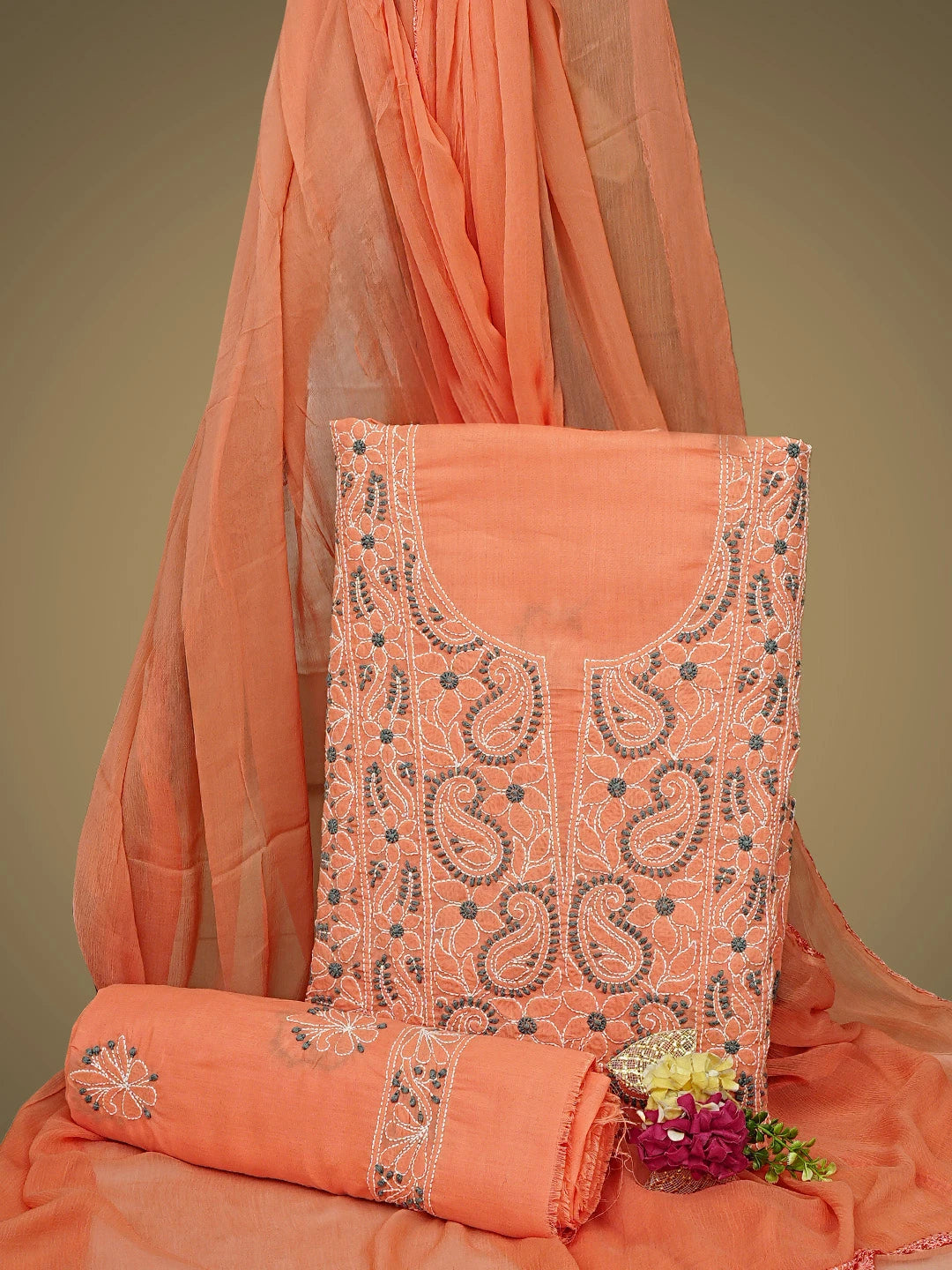 Ada Hand Embroidered Peach Orange Cotton Lucknowi Chikankari Unstitched Suit Piece 01A821100