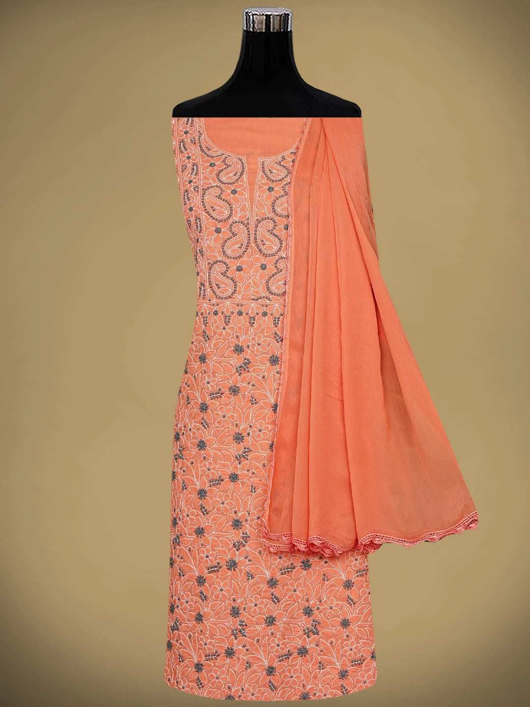 Ada Hand Embroidered Peach Orange Cotton Lucknowi Chikankari Unstitched Suit Piece 01A821100