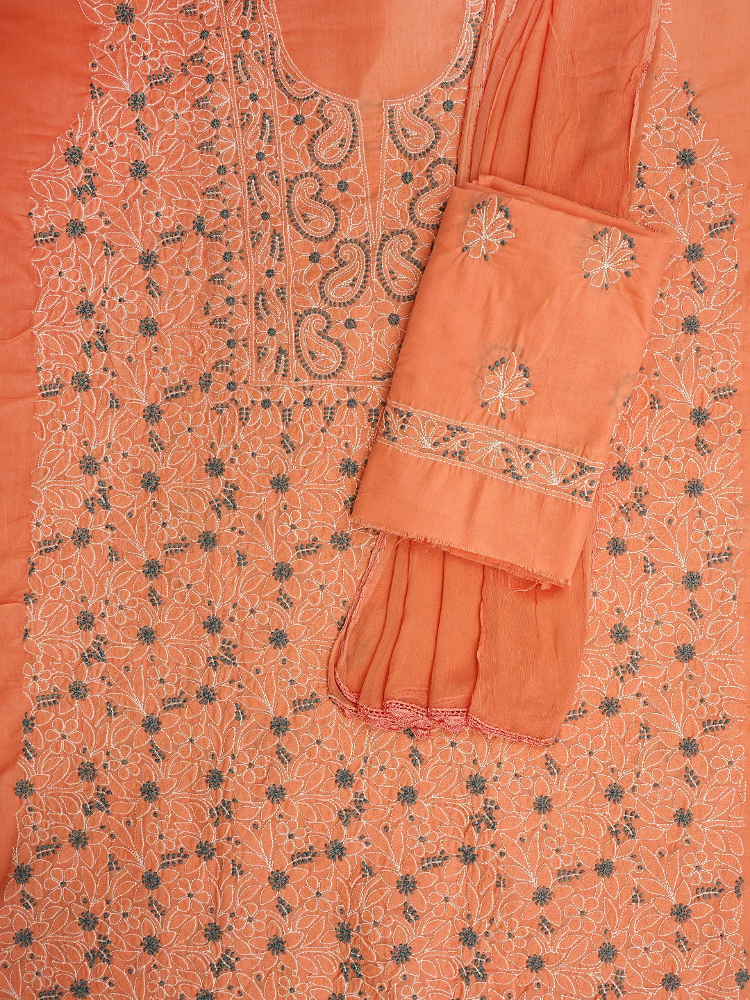 Ada Hand Embroidered Peach Orange Cotton Lucknowi Chikankari Unstitched Suit Piece 01A821100