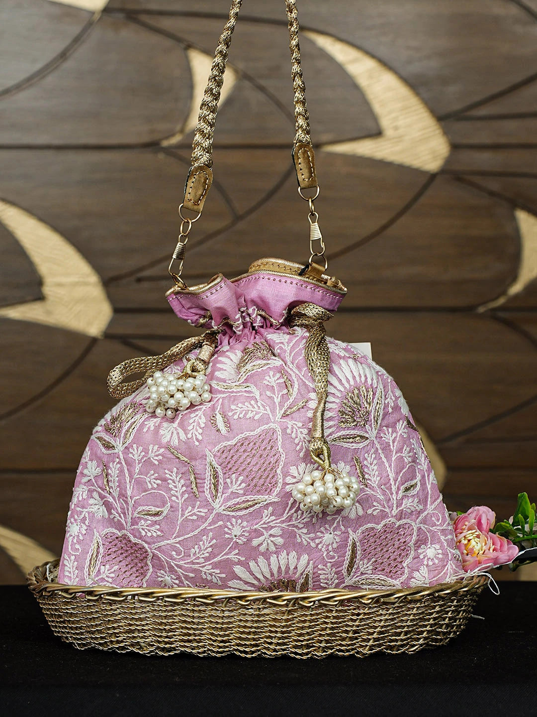 Ada Hand Embroidered Pink Silk Lucknowi Chikankari Potli Bag With Zari Work 01A908967