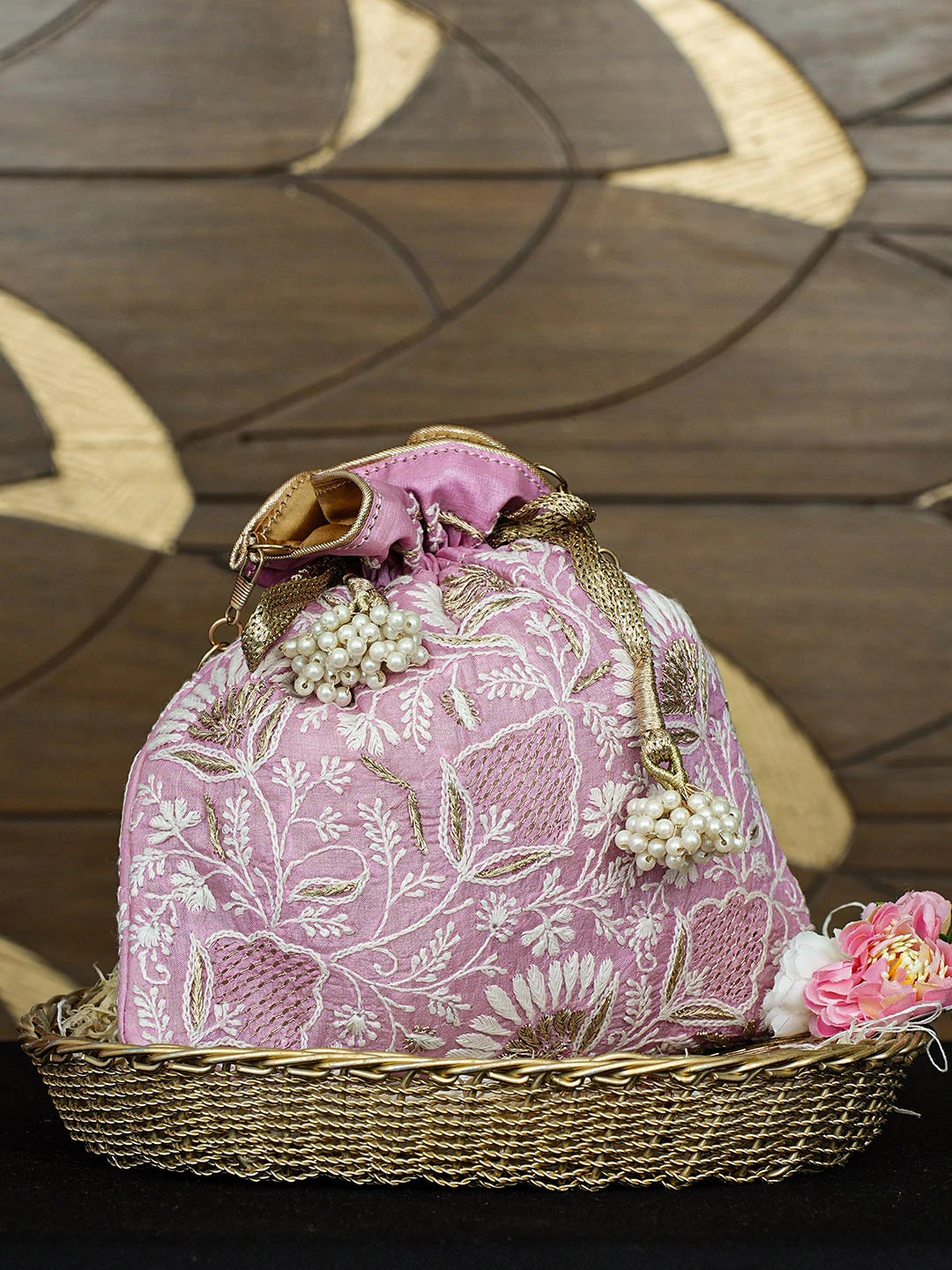 Ada Hand Embroidered Pink Silk Lucknowi Chikankari Potli Bag With Zari Work 01A908967