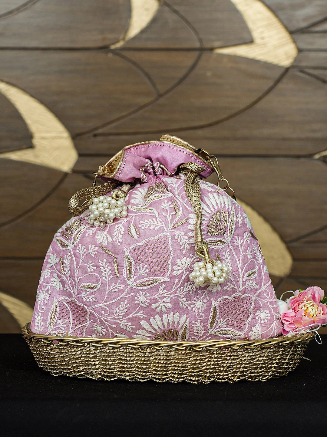 Ada Hand Embroidered Pink Silk Lucknowi Chikankari Potli Bag With Zari Work 01A908967