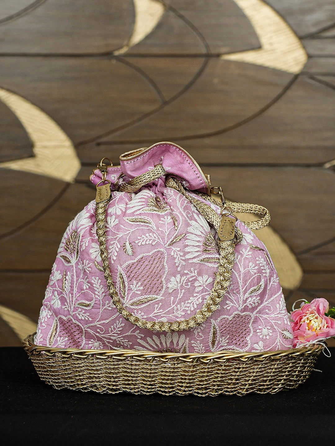 Ada Hand Embroidered Pink Silk Lucknowi Chikankari Potli Bag With Zari Work 01A908967