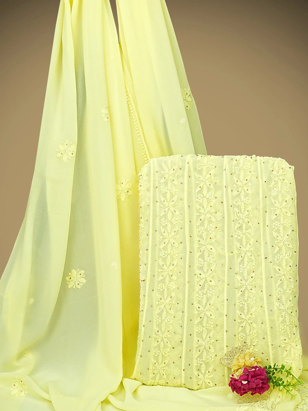 Ada Hand Embroidered Lemon Viscose Gerogette Lucknowi Chikankari Semi-Stitched Anarkali Kurta Dupatta Set With Muqaish Work 01A939983