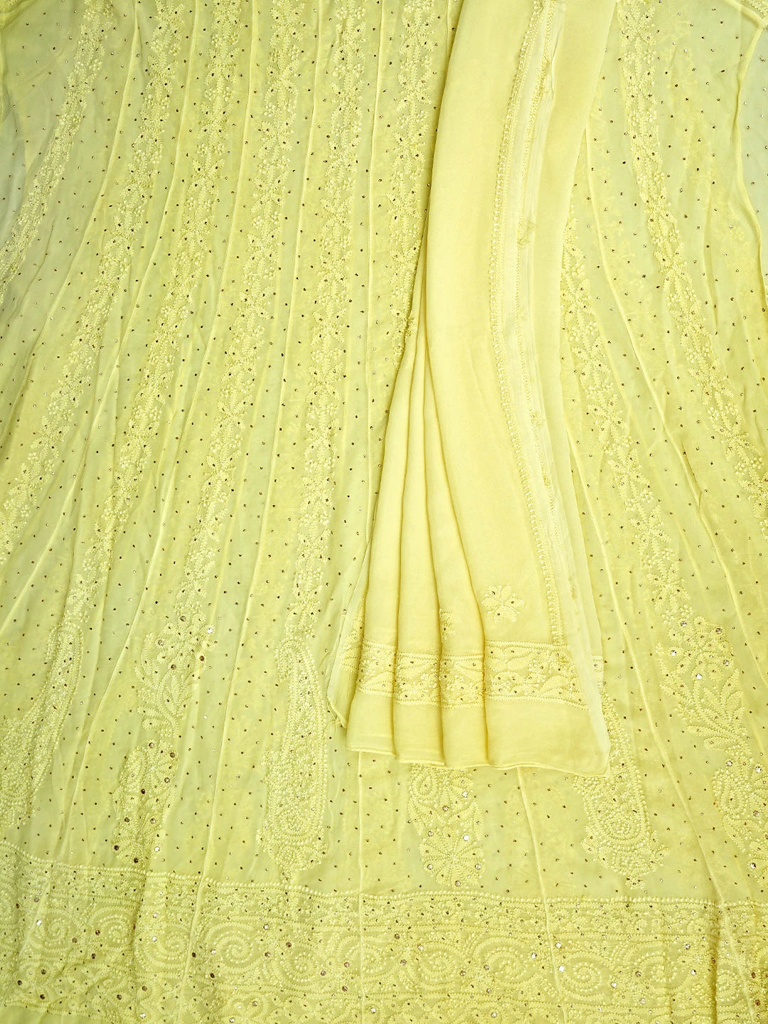 Ada Hand Embroidered Lemon Viscose Gerogette Lucknowi Chikankari Semi-Stitched Anarkali Kurta Dupatta Set With Muqaish Work 01A939983