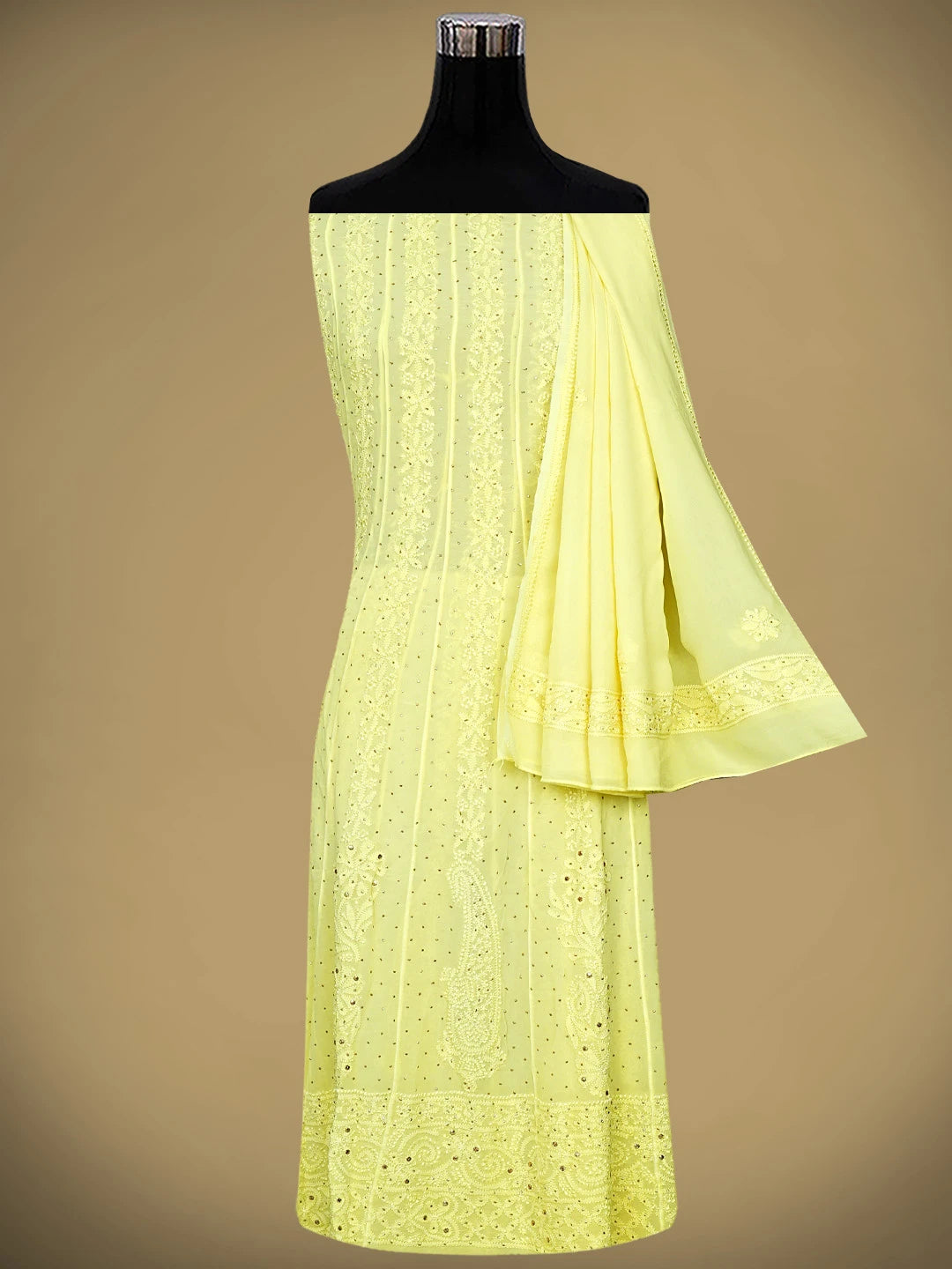 Ada Hand Embroidered Lemon Viscose Gerogette Lucknowi Chikankari Semi-Stitched Anarkali Kurta Dupatta Set With Muqaish Work 01A939983