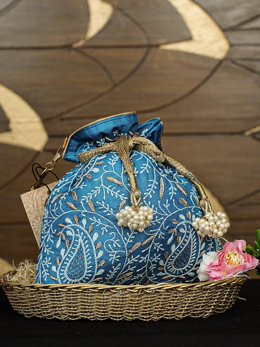 Ada Hand Embroidered Blue Silk Lucknowi Chikankari Potli Bag With Zari Work 01A933533
