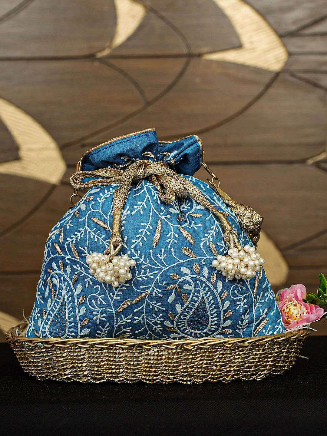 Ada Hand Embroidered Blue Silk Lucknowi Chikankari Potli Bag With Zari Work 01A933533