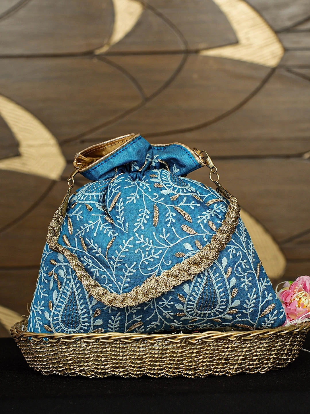 Ada Hand Embroidered Blue Silk Lucknowi Chikankari Potli Bag With Zari Work 01A933533