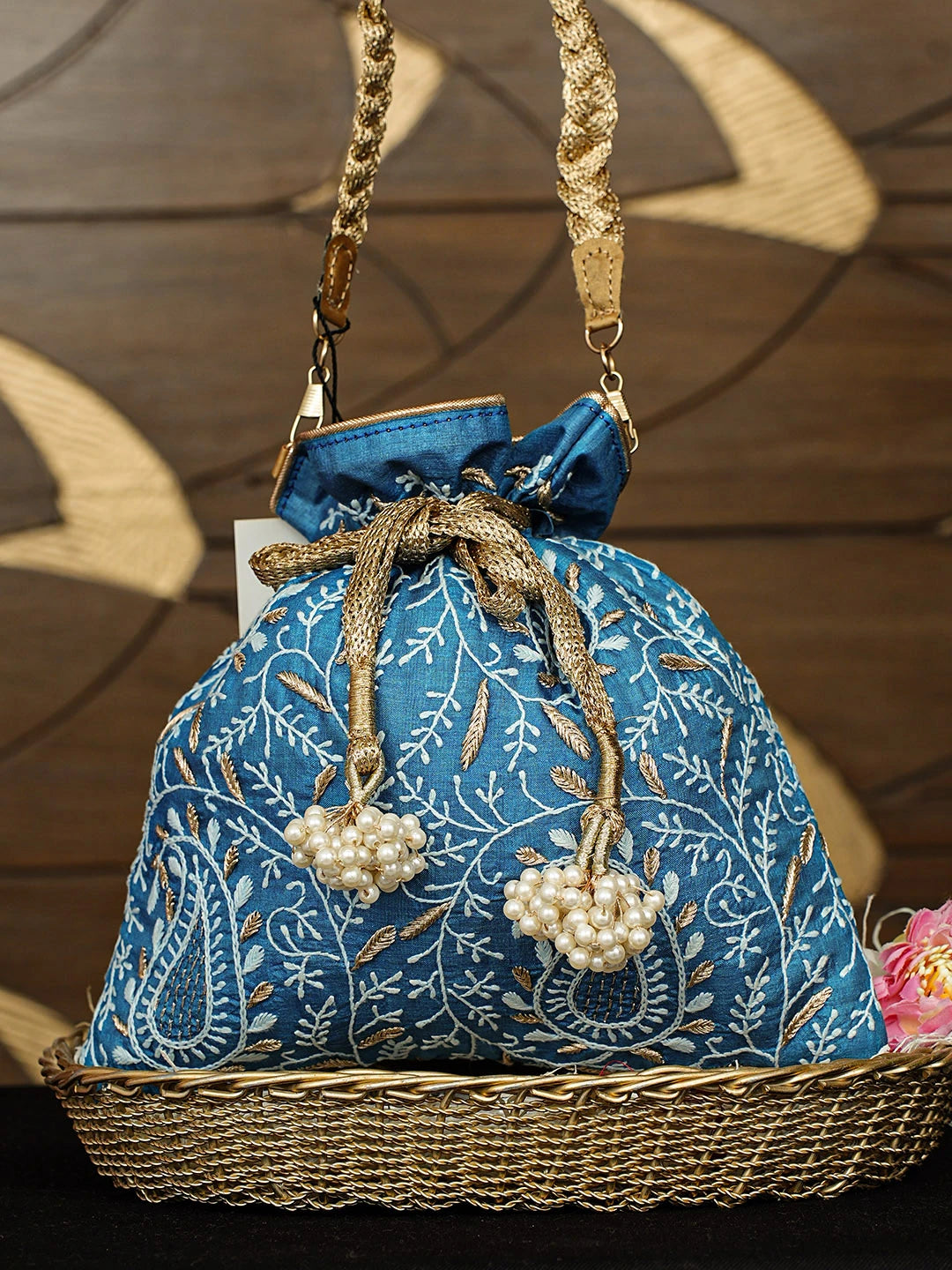 Ada Hand Embroidered Blue Silk Lucknowi Chikankari Potli Bag With Zari Work 01A933533