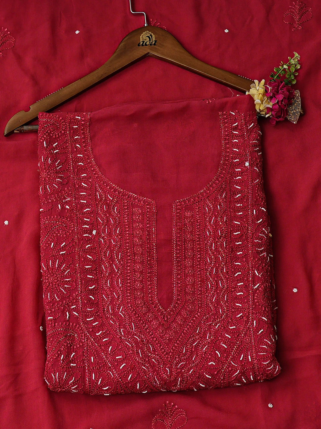 Ada Hand Embroidered Brick Red Viscose Georgette Lucknowi Chikankari Unstitched Kurta Dupatta Set With Cutdana Work 01A933586