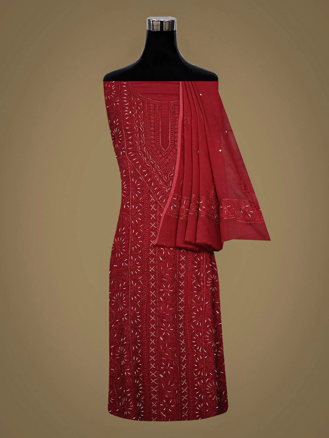 Ada Hand Embroidered Brick Red Viscose Georgette Lucknowi Chikankari Unstitched Kurta Dupatta Set With Cutdana Work 01A933586
