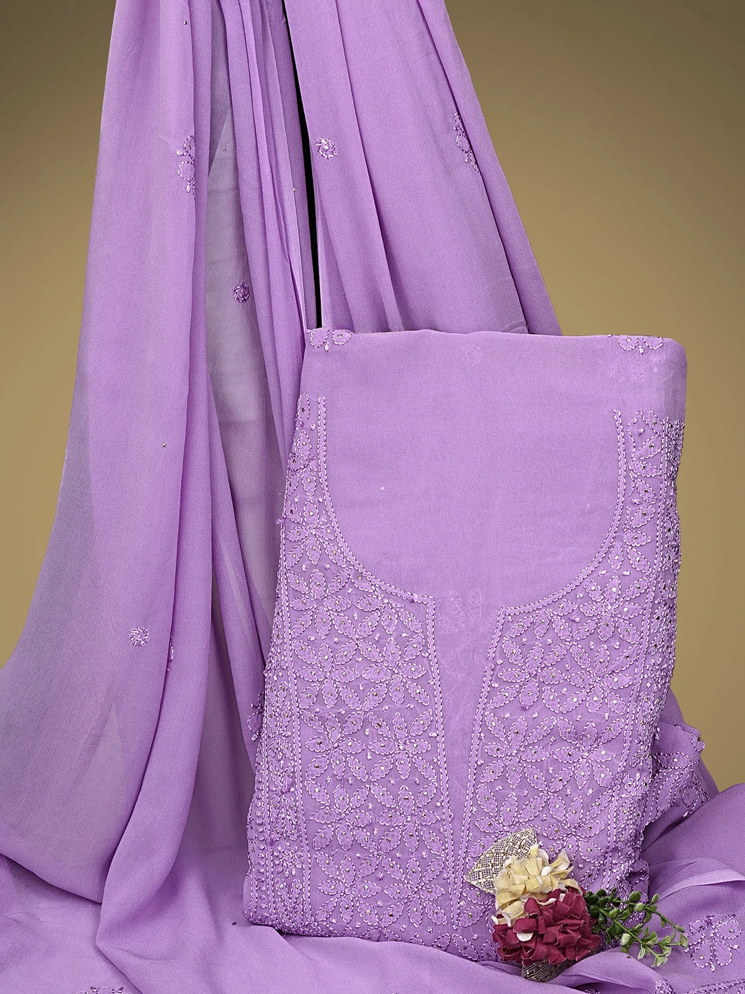 Ada Hand Embroidered Mauve Viscose Georgette Lucknowi Chikankari Unstitched Kurta Dupatta Set With Muqaish Work 01A944718