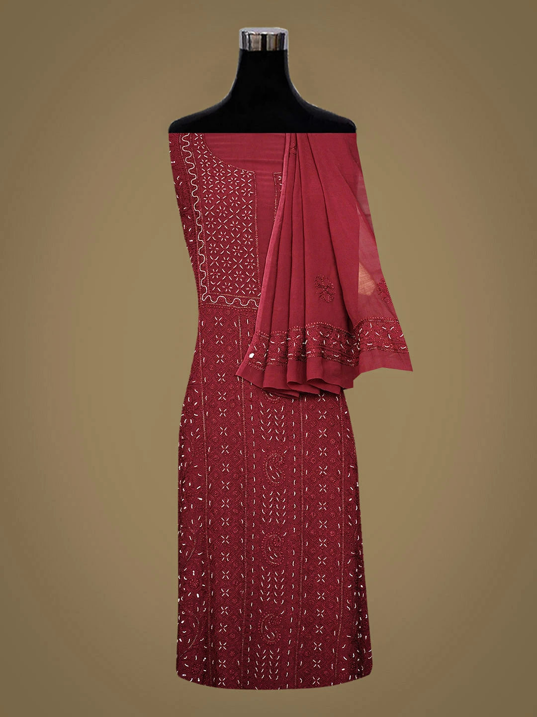 Ada Hand Embroidered Maroon Viscose Georgette Lucknowi Chikankari Unstitched Kurta Dupatta Set With Cutdana Work 01A933584