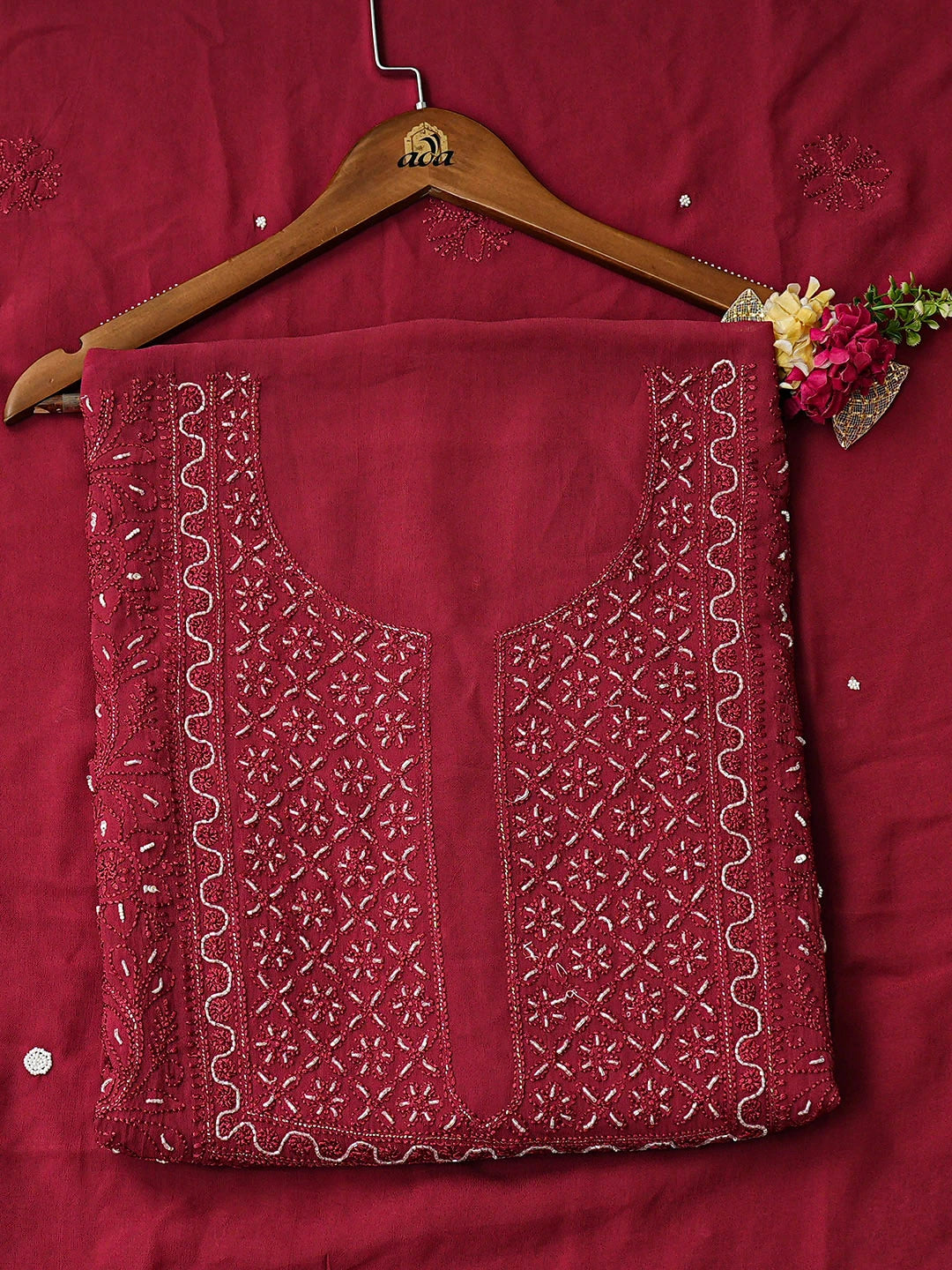 Ada Hand Embroidered Maroon Viscose Georgette Lucknowi Chikankari Unstitched Kurta Dupatta Set With Cutdana Work 01A933584