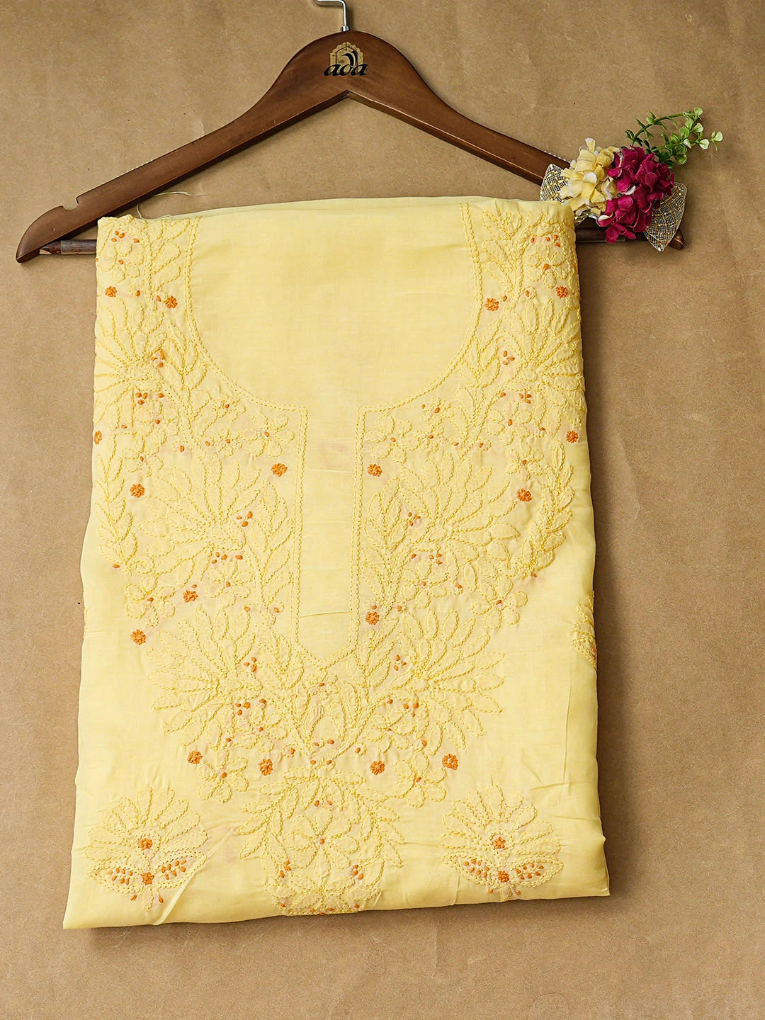 Ada Hand Embroidered Yellow Cotton Lucknowi Chikankari Unstitched Kurta 01A946936