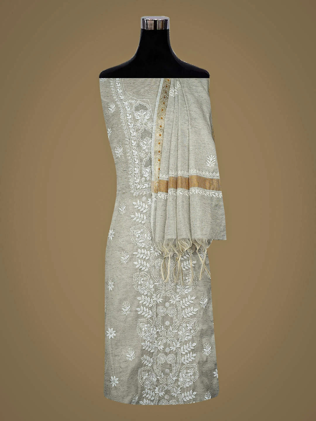 Ada Hand Embroidered Grey Tissue Lucknowi Chikankari Unstitched Kurta Dupatta Set 01A945911