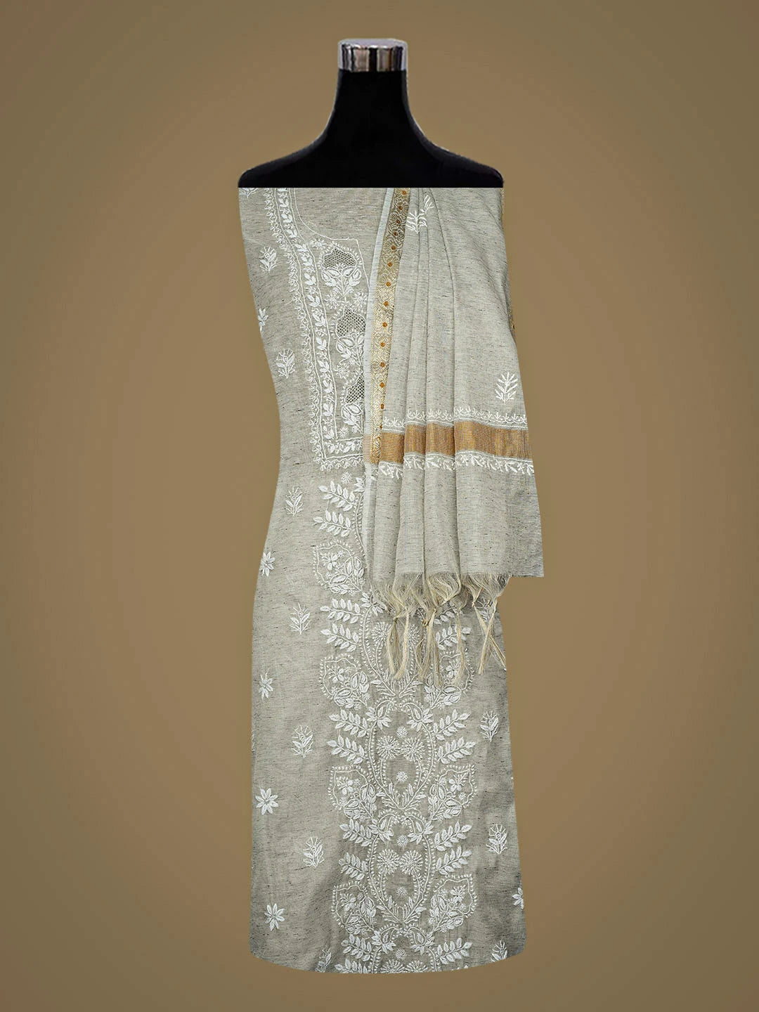 Ada Hand Embroidered Grey Tissue Lucknowi Chikankari Unstitched Kurta Dupatta Set 01A945911