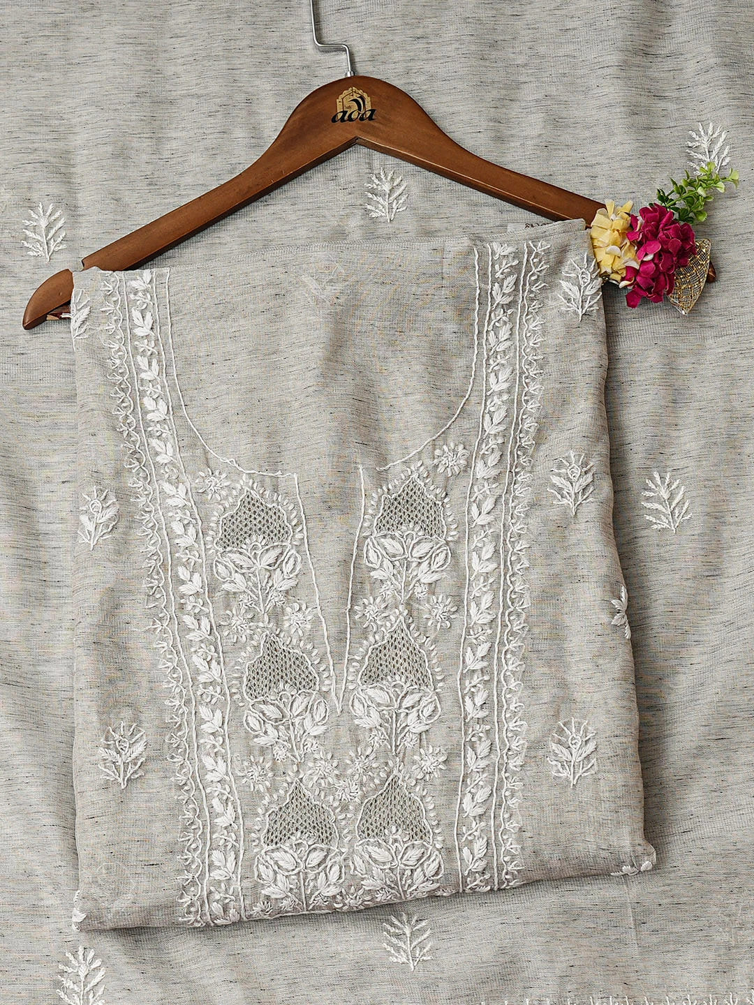 Ada Hand Embroidered Grey Tissue Lucknowi Chikankari Unstitched Kurta Dupatta Set 01A945911