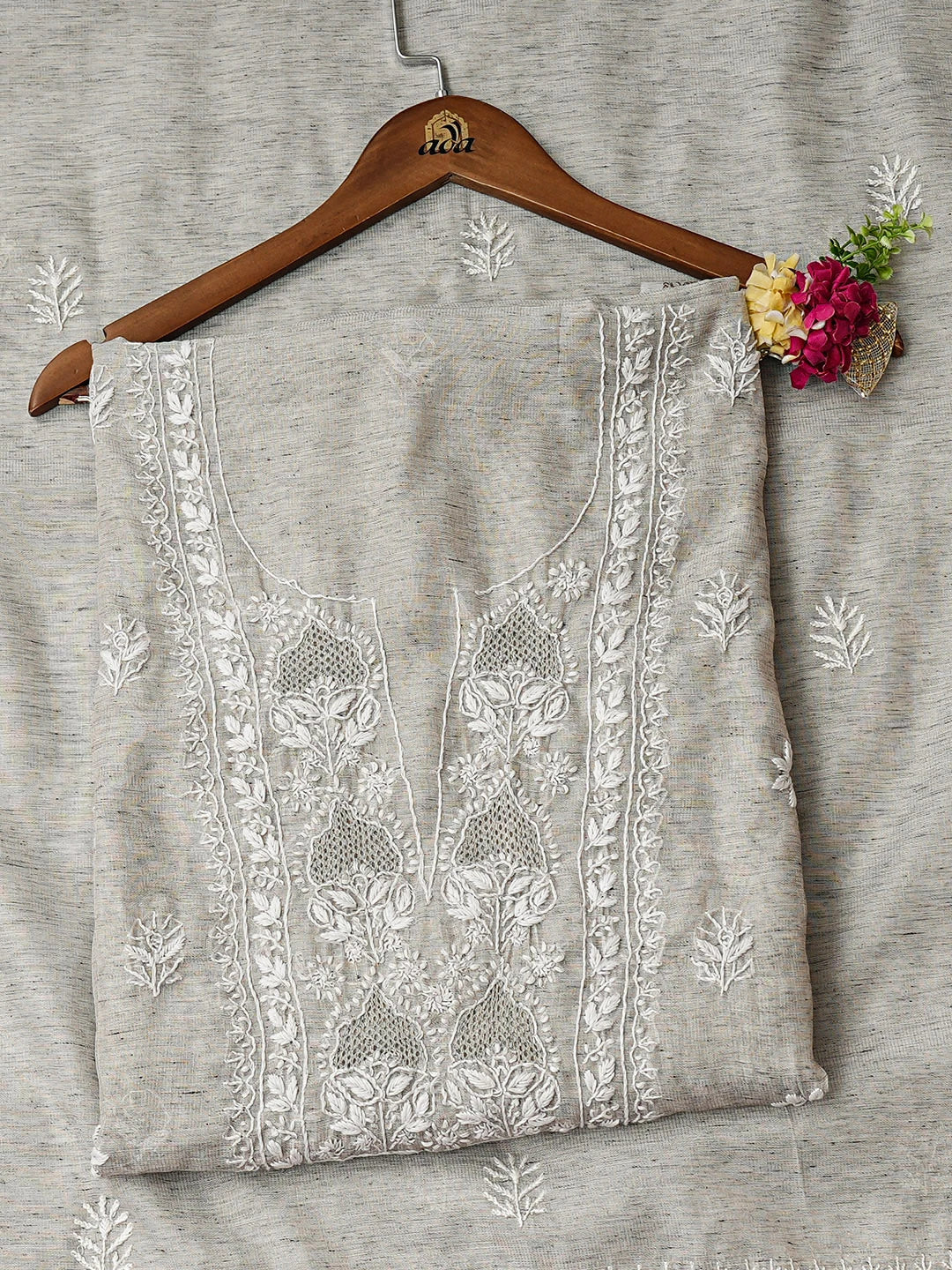 Ada Hand Embroidered Grey Tissue Lucknowi Chikankari Unstitched Kurta Dupatta Set 01A945911
