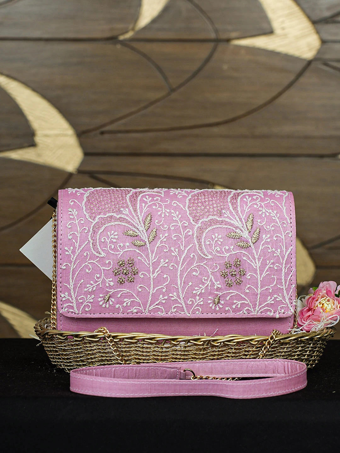Ada Hand Embroidered Pink Silk Lucknowi Chikankari Clutch With Zari Work 01A921531