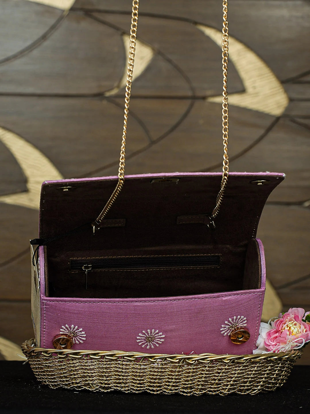 Ada Hand Embroidered Pink Silk Lucknowi Chikankari Clutch With Zari Work 01A921531