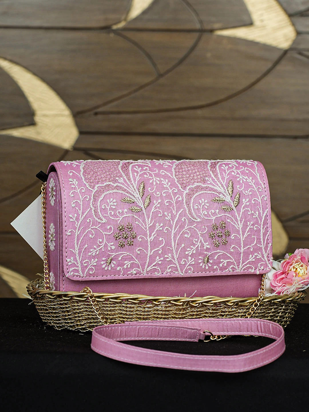 Ada Hand Embroidered Pink Silk Lucknowi Chikankari Clutch With Zari Work 01A921531