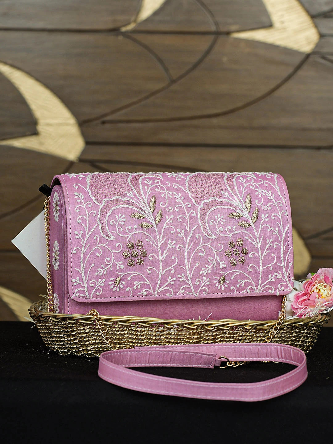 Ada Hand Embroidered Pink Silk Lucknowi Chikankari Clutch With Zari Work 01A921531